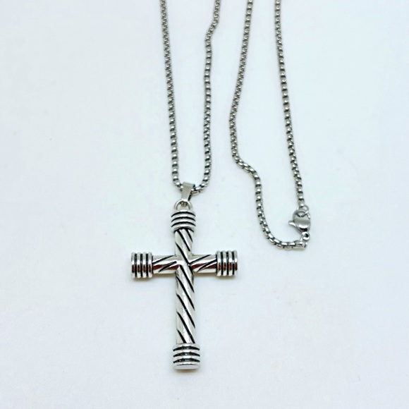 Stainless Steel Spiral Unisex 2” Cross Round Box Chain & Gift Box Included - Picture 4 of 7